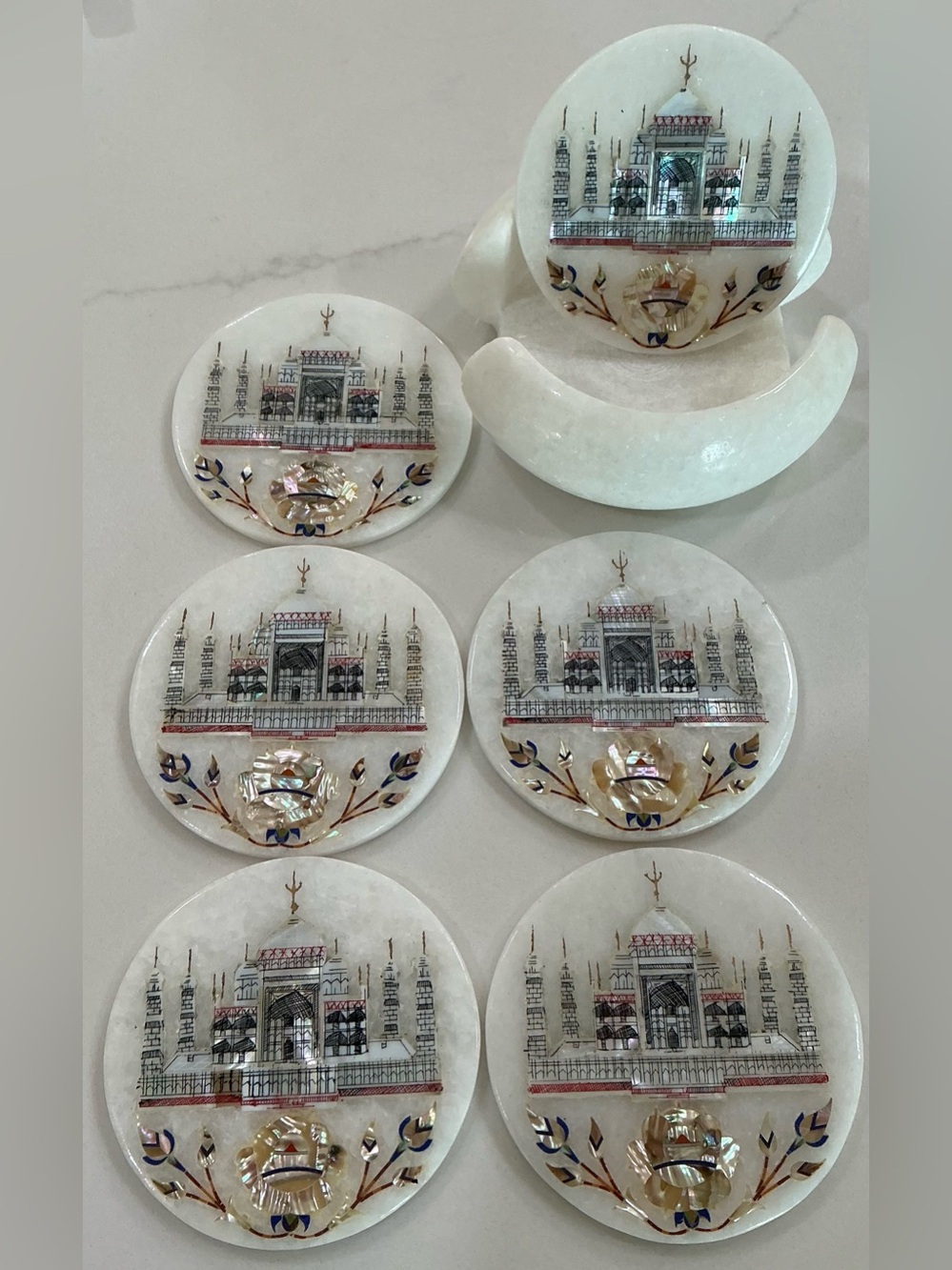 Set 6 Round Marble Tea Coaster Set Taj Mahal Art Gift-able Coaster for Eid 4.5”